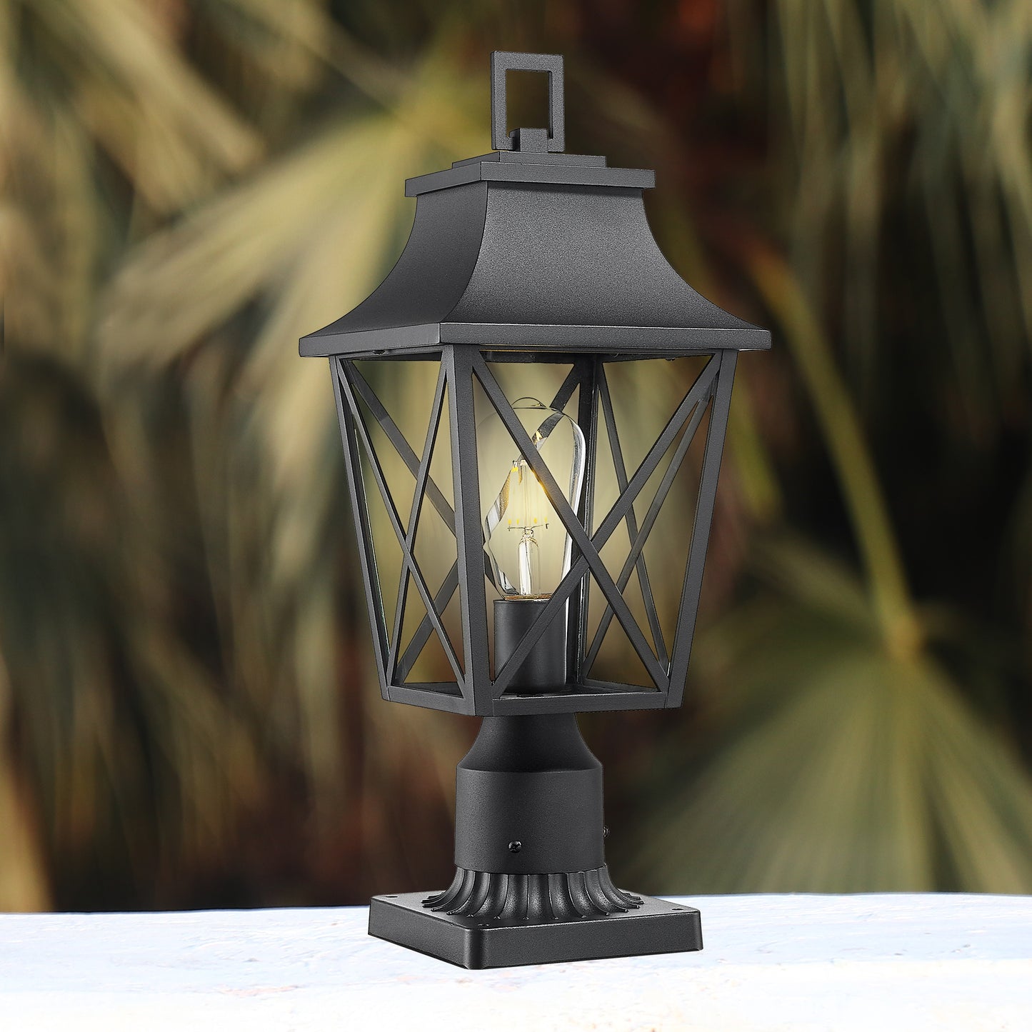 Black metal post light with ornate diamond pattern glass enclosure ideal for garden pathways