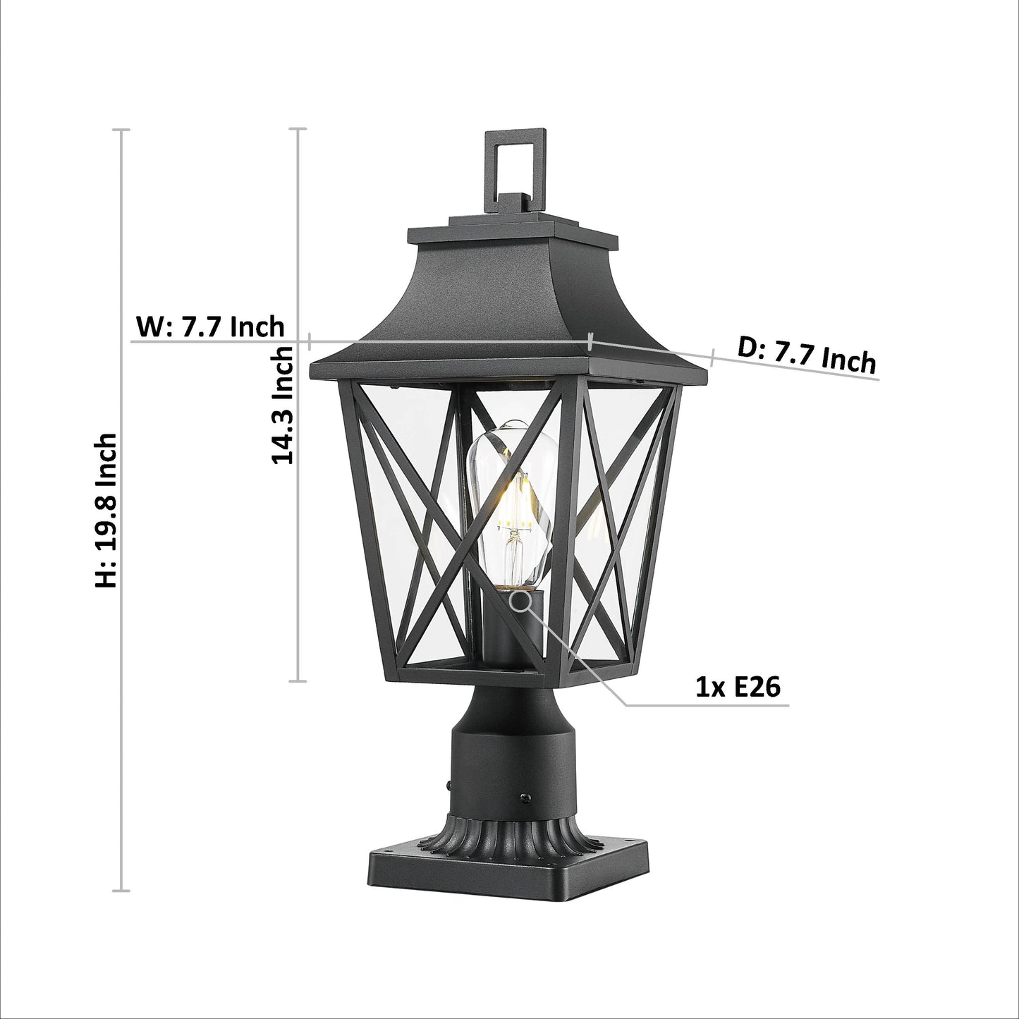 Black metal outdoor post light with clear glass panels and decorative cage