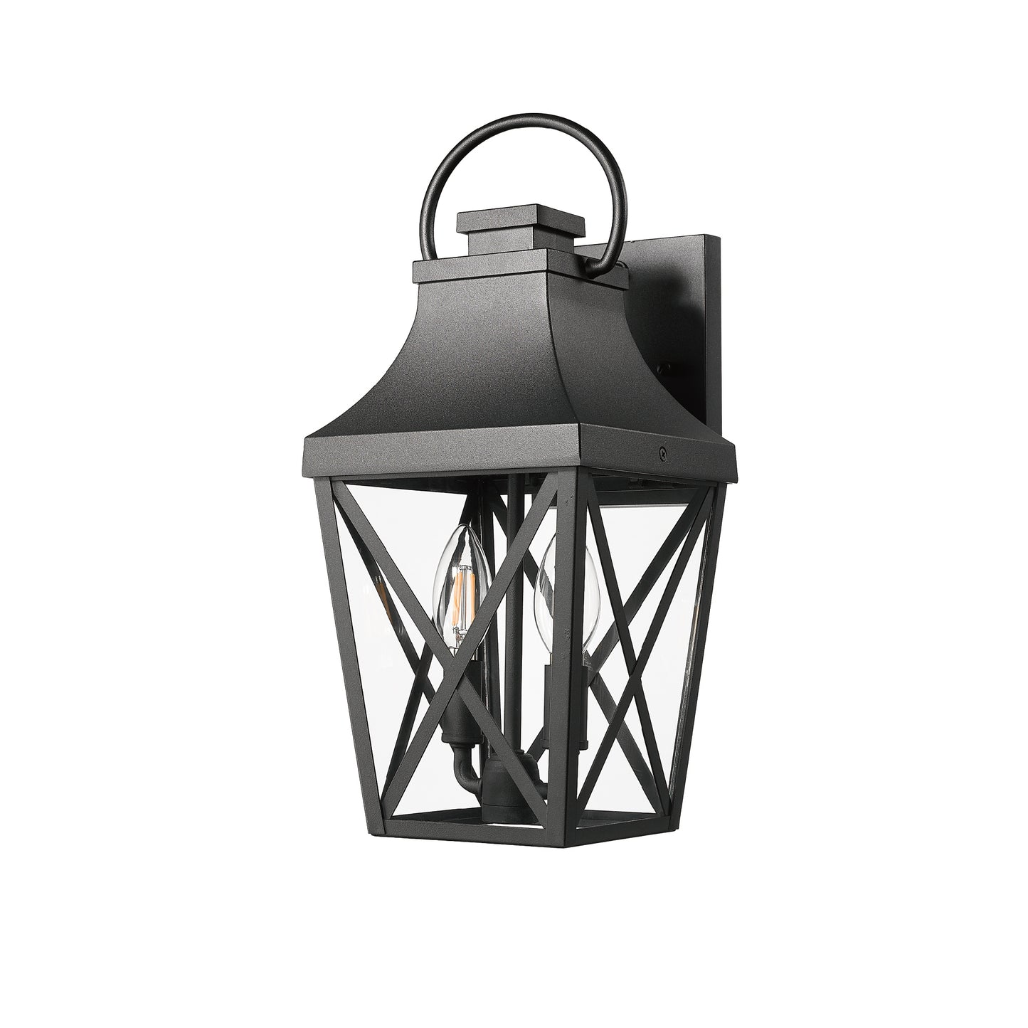 Black metal outdoor wall light with clear glass panels and geometric detailing