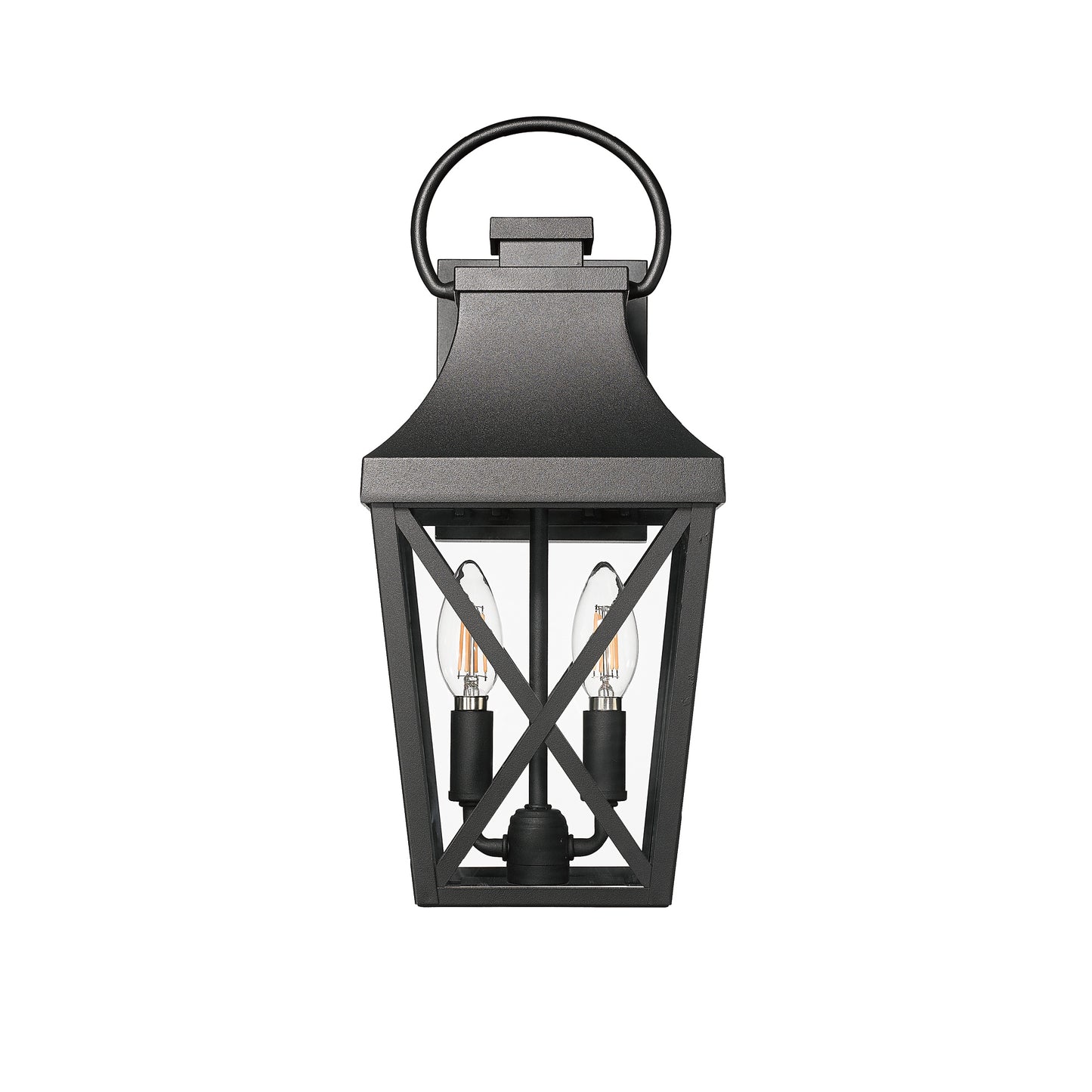 Black metal outdoor wall lantern with clear Edison bulbs and Xframe accent