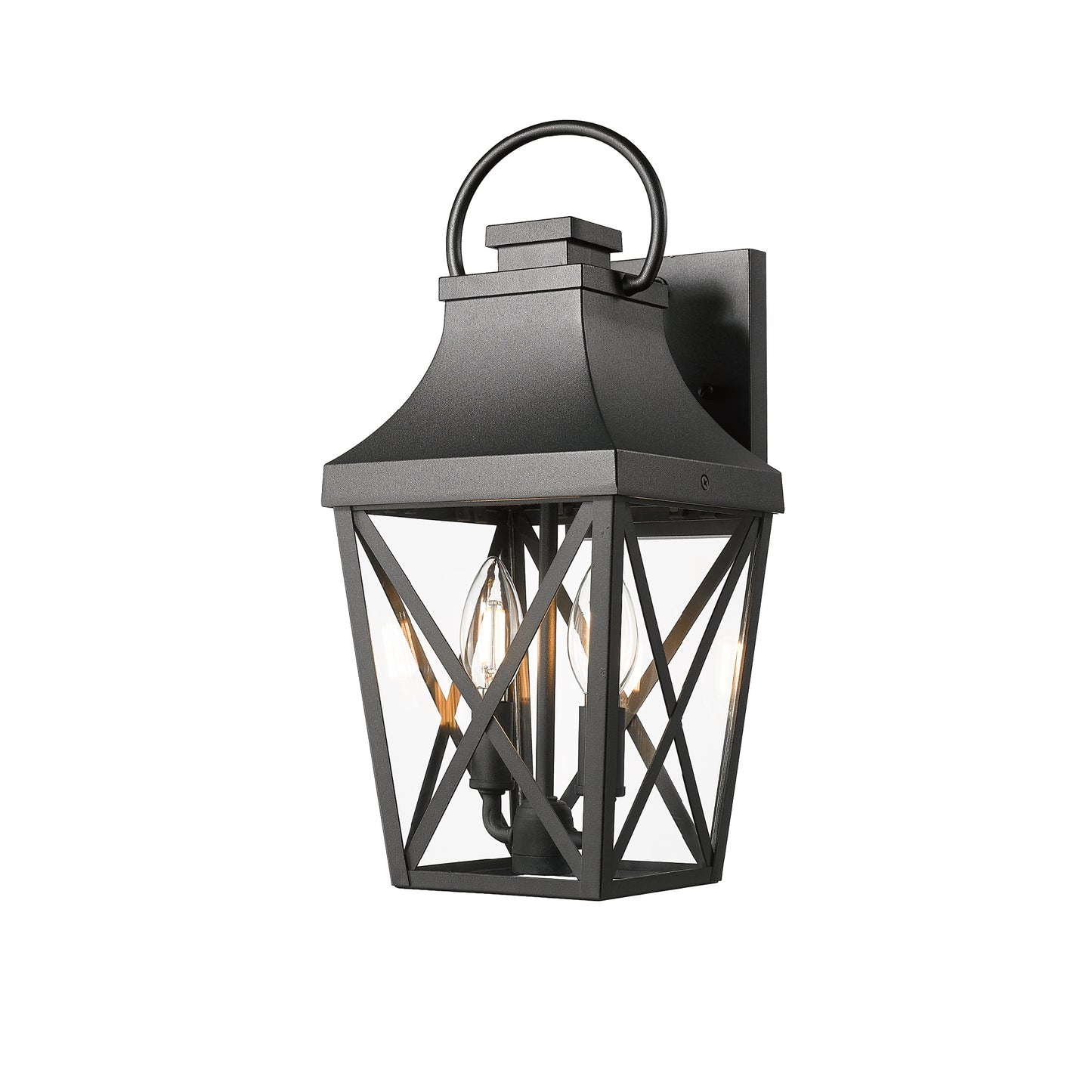 Black metal outdoor wall lantern with clear glass panels and xframe design