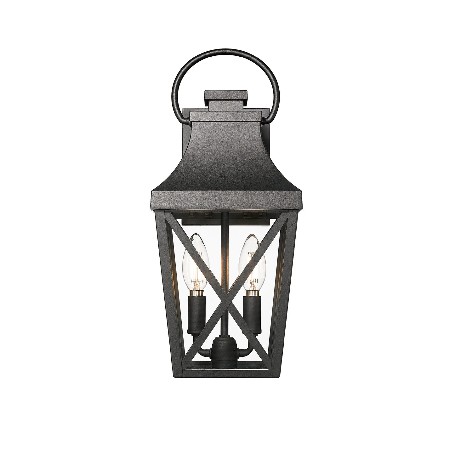 Black metal outdoor wall lantern with decorative crosshatch frame