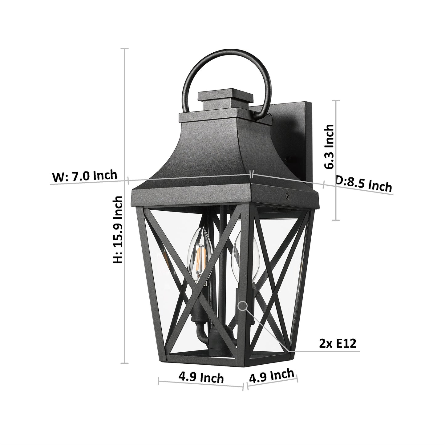 Black metal outdoor wall lantern with geometric glass enclosure