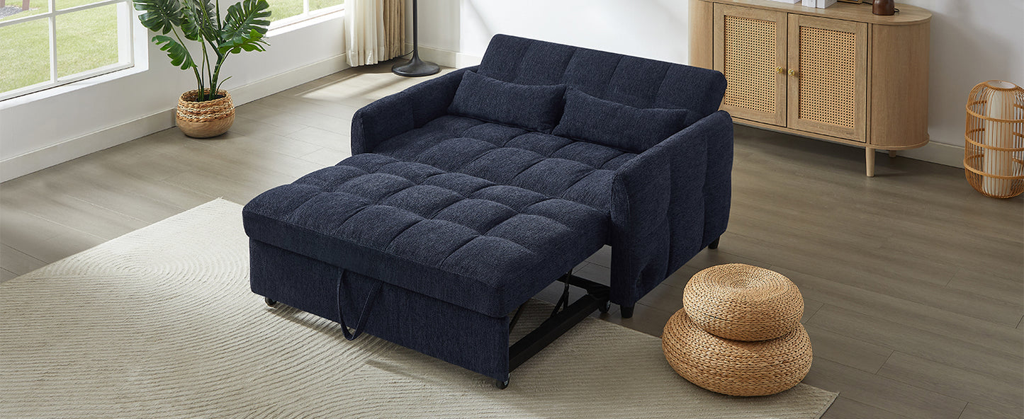 Dark blue upholstered sofa bed with tufted mattress and pullout ottoman