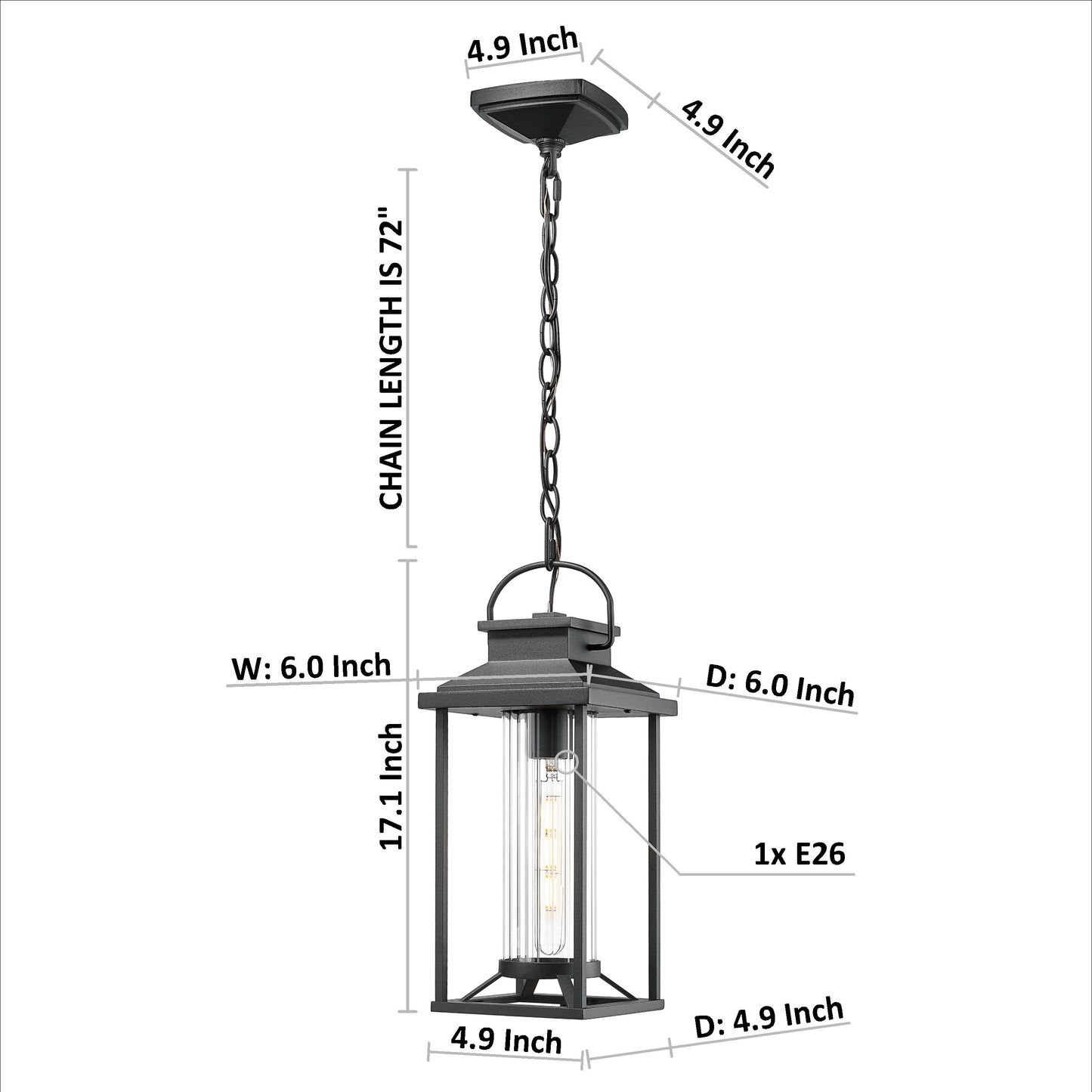 Black metal outdoor lantern with chain