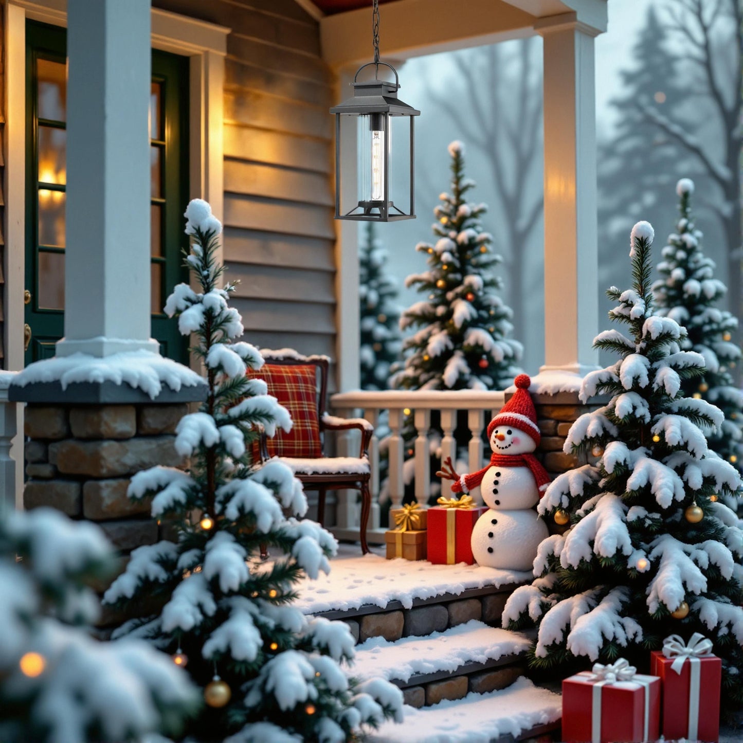Black metal outdoor lantern with glass panels hanging over a snowy porch