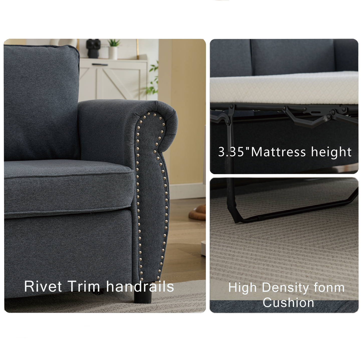 Dark grey sofa arm with detailed rivet trim