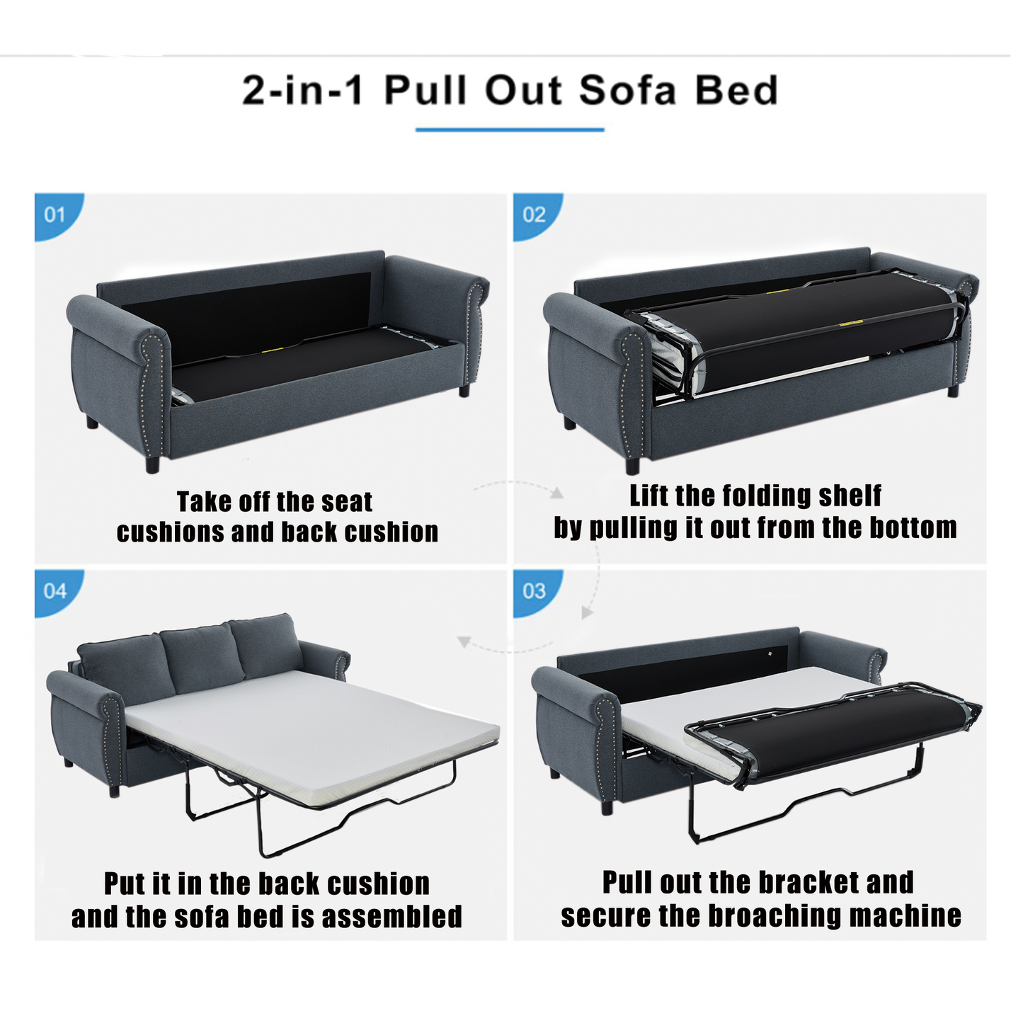 Dark gray fabric in pull out sofa bed with silver nailhead trim