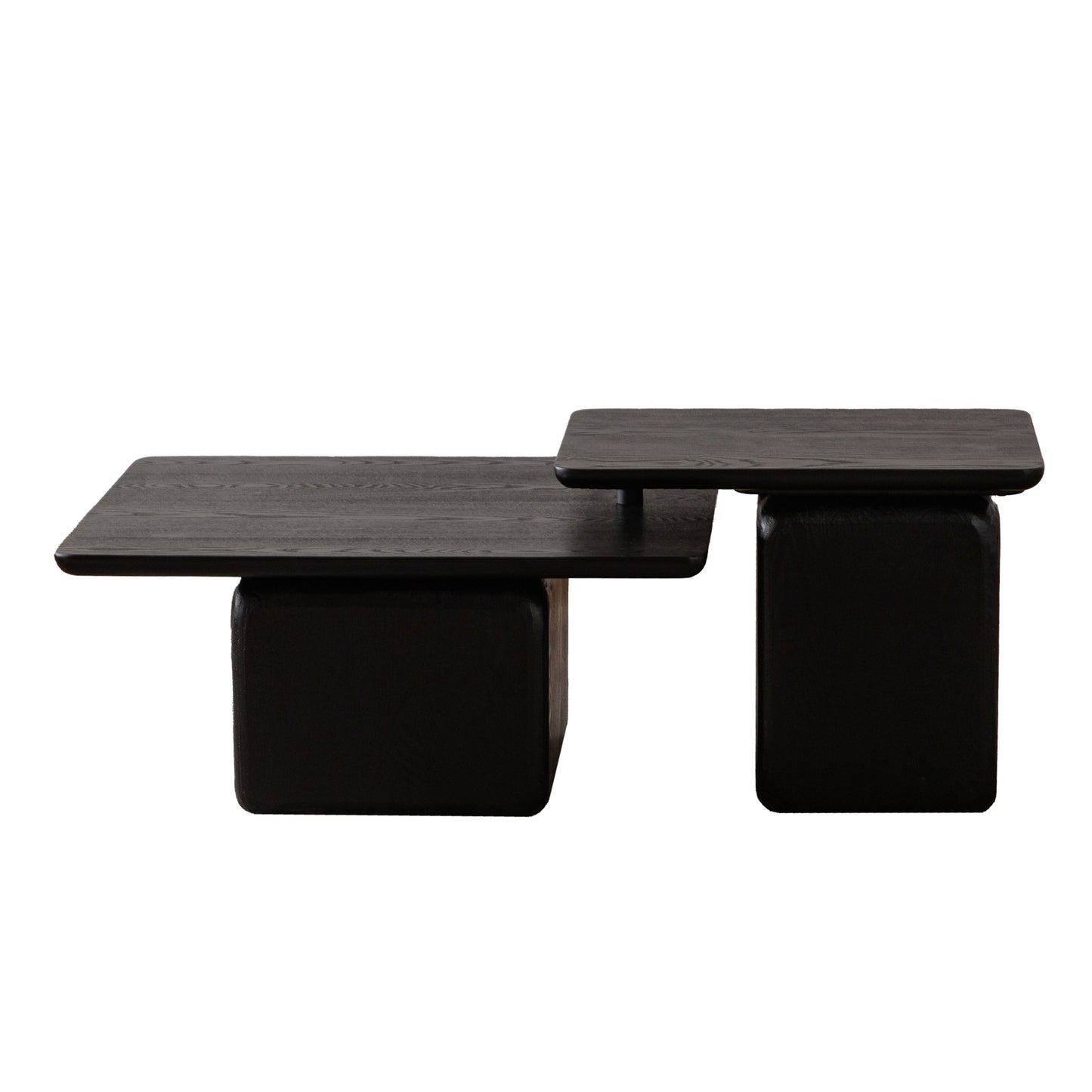 Dark oak wood coffee table with staggered top and cube bases