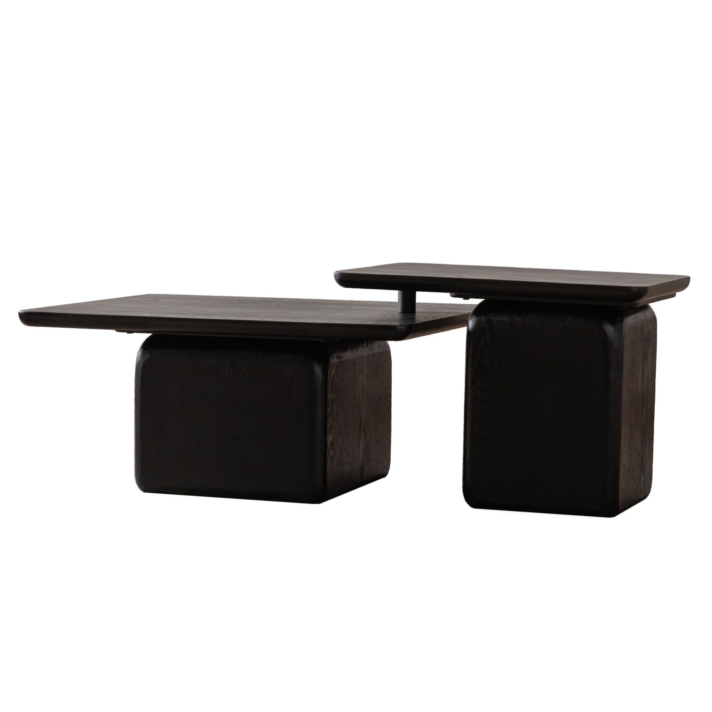 Modern dark wood coffee table with staggered tabletop and block base