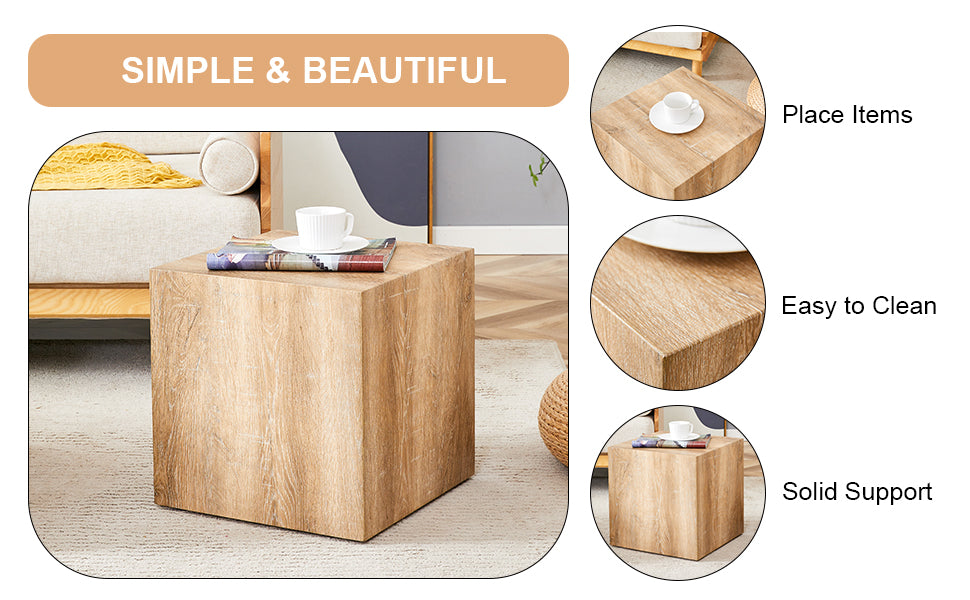 Light oak cube end table with magazine and cup