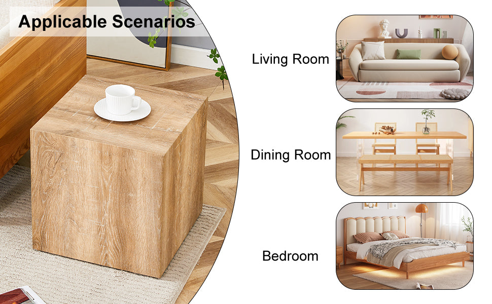 Modern oak veneer cube side table with a coffee cup