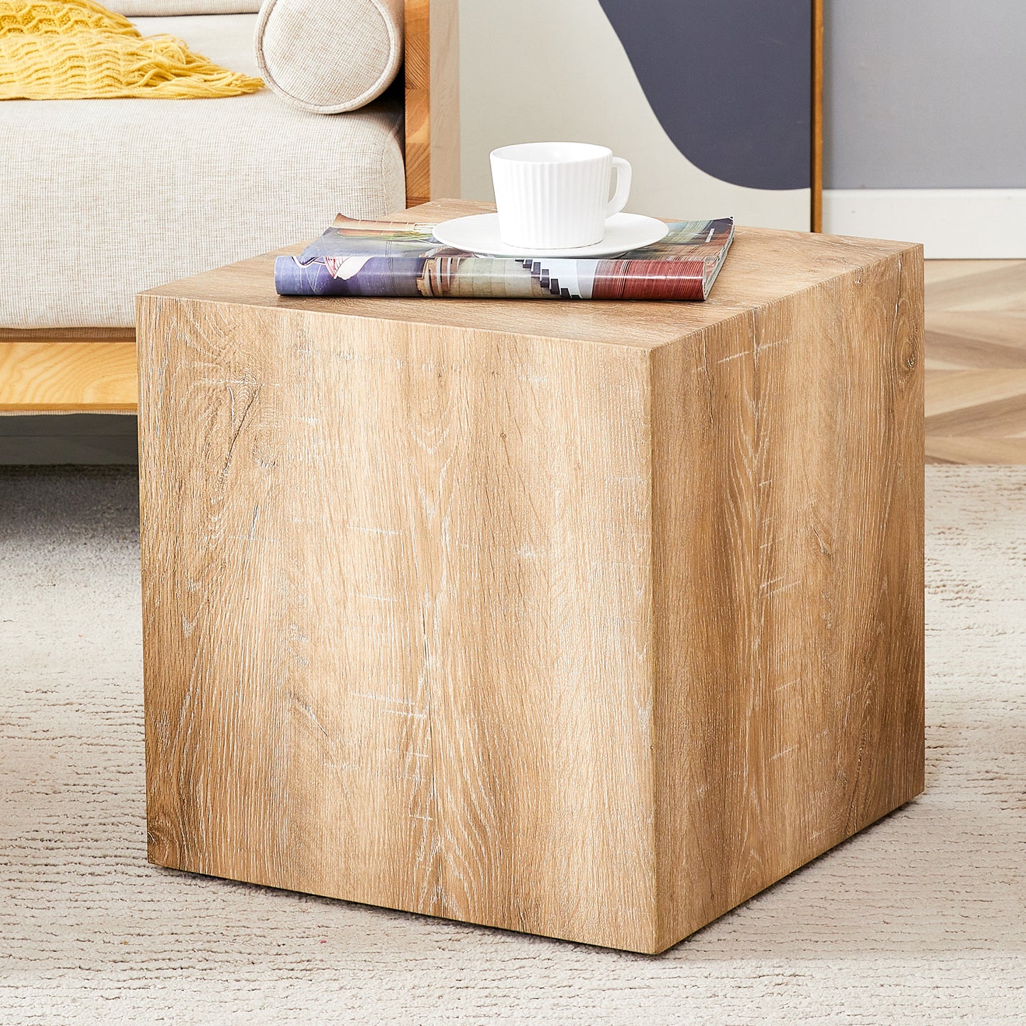 Modern wooden cube side table with natural grain