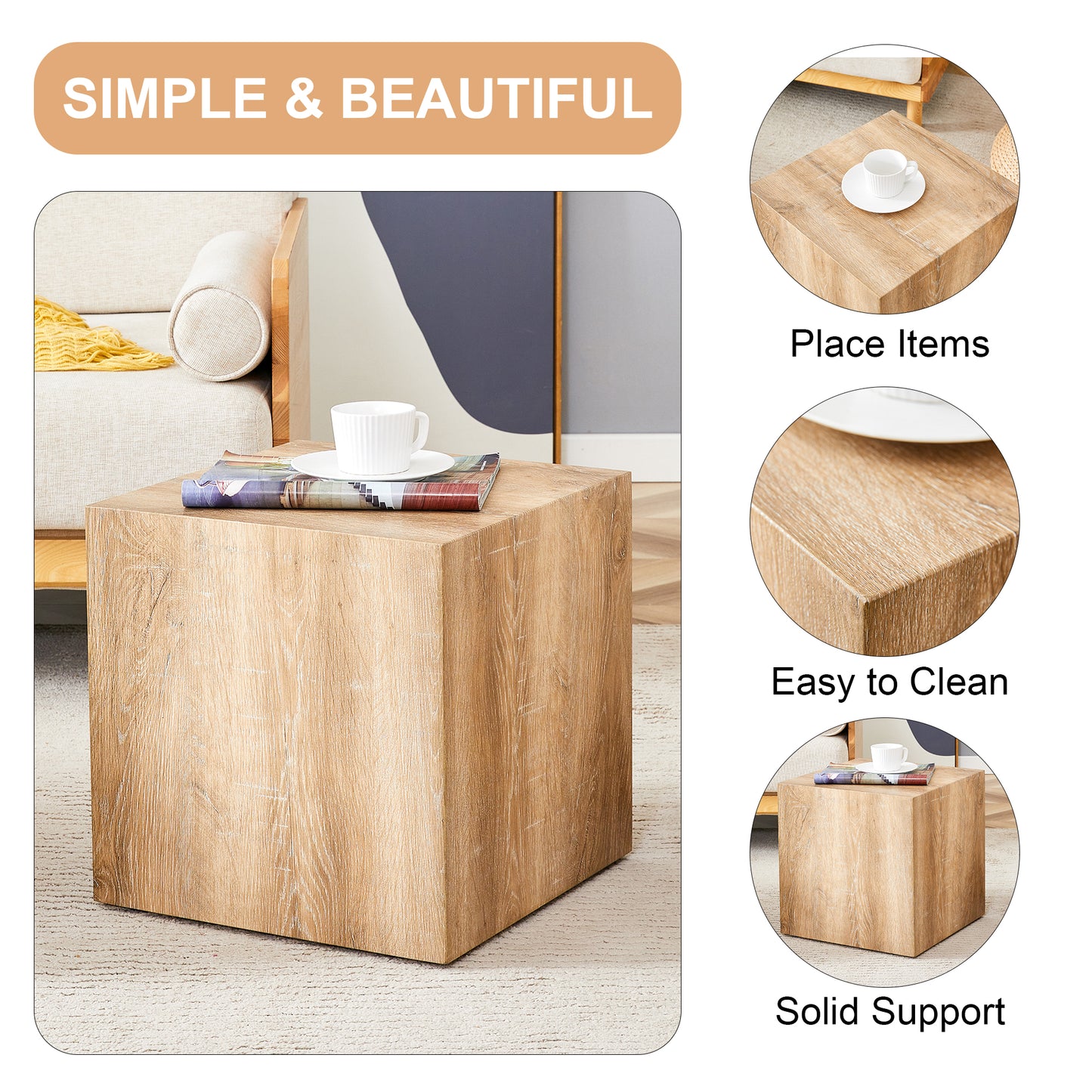 Wooden cube side table with a cup and magazine