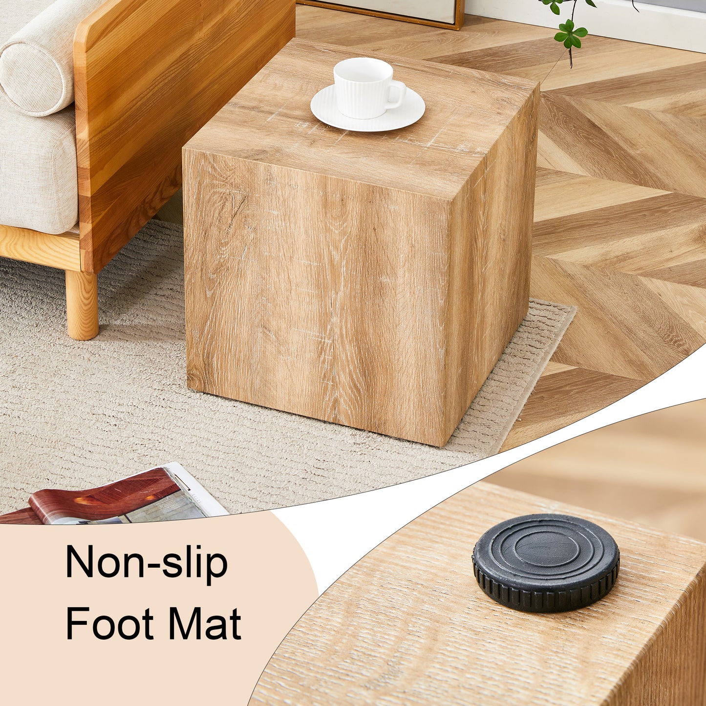 Natural wood grain cube end table with a white cup and saucer on top
