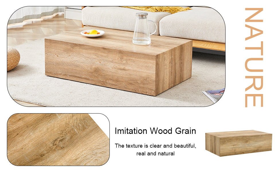 Rectangular oak wood grain coffee table with modern minimalist design on a cream rug