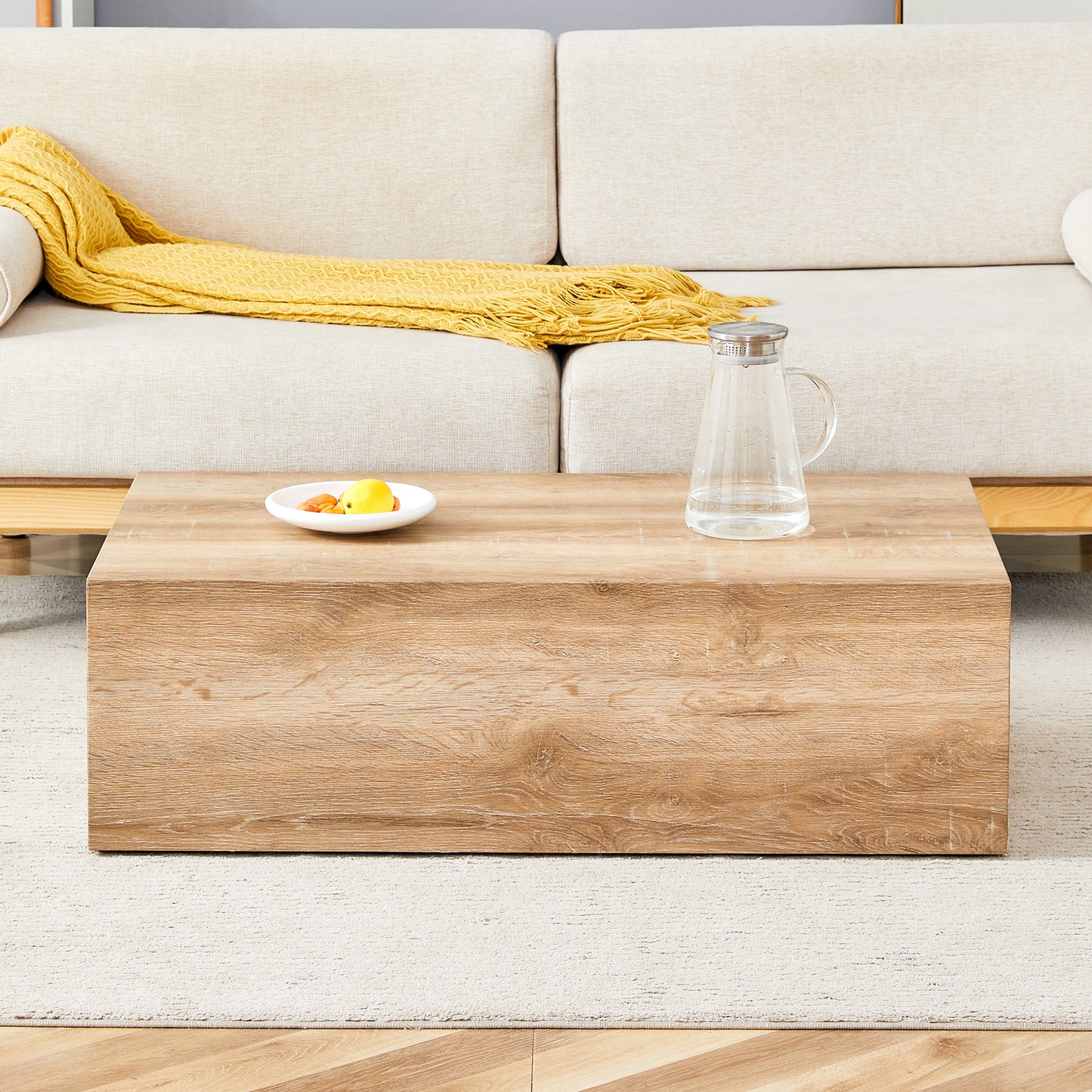 Modern rectangular wooden coffee table with natural wood grain finish