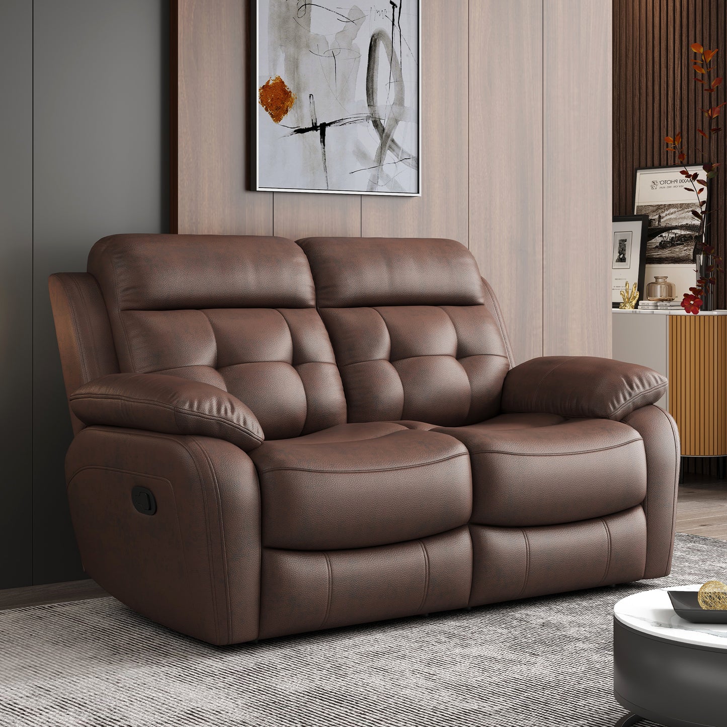 Brown leather seater recliner sofa with tufted cushions and plush arms