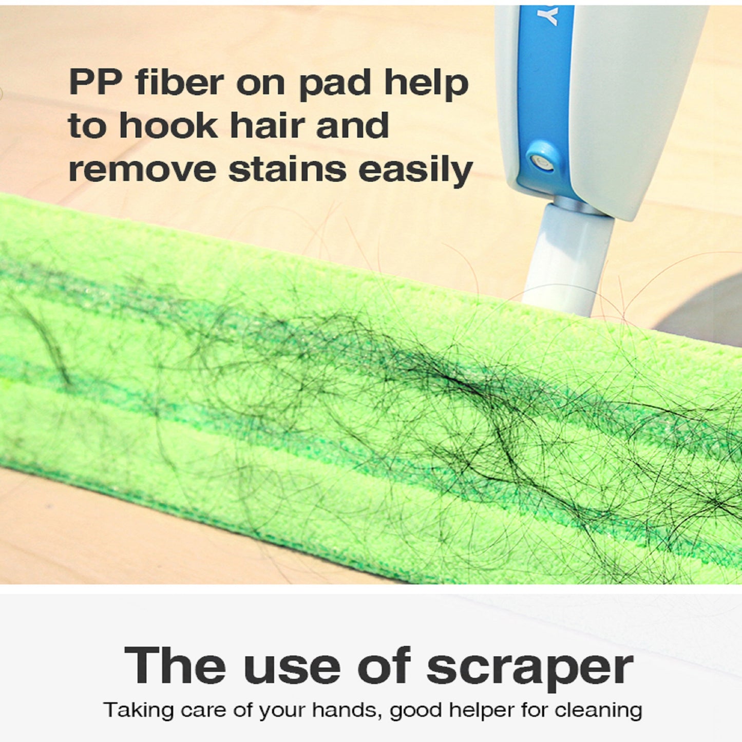 Green microfiber mop pad with dense PP fibers effectively trapping hair and dust bunnies