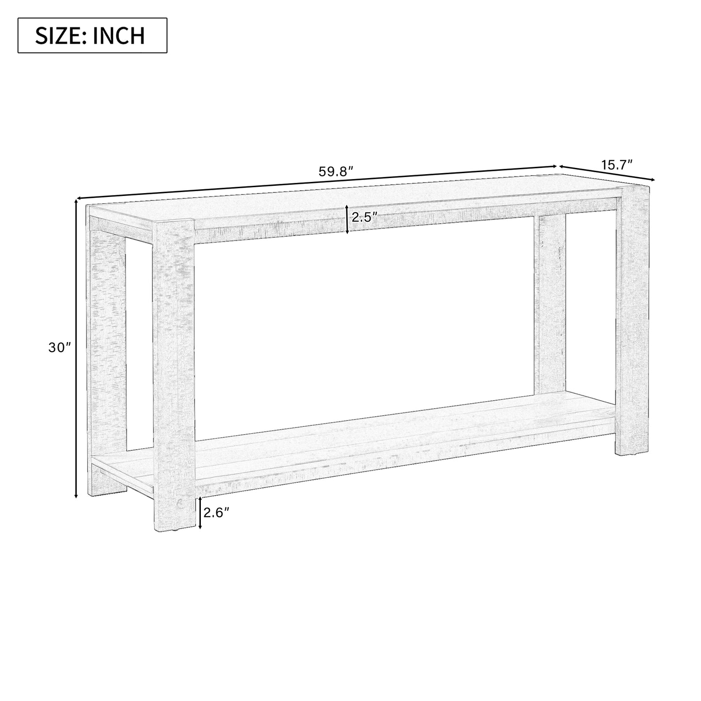 Console table with two open shelves and metal frame