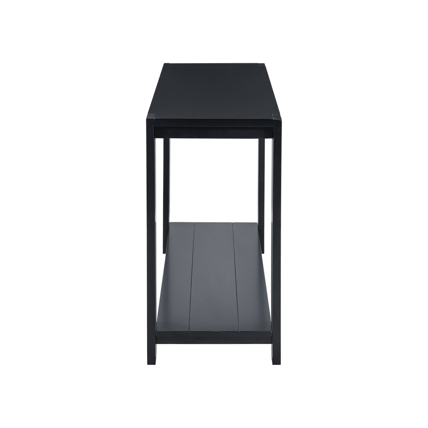 Sleek black metal console table with a lower shelf for storage and display