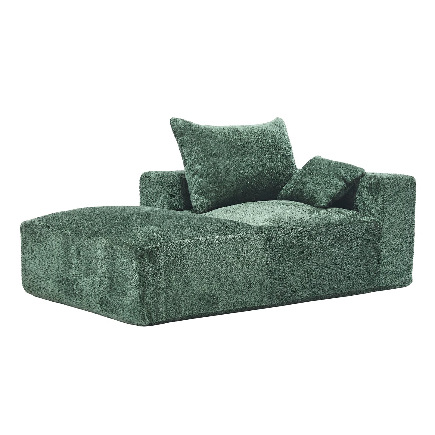 Plush green chaise lounge with three throw pillows