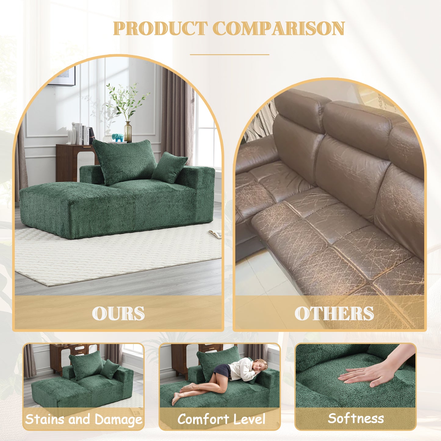 Green sectional sofa with textured fabric and plush cushions