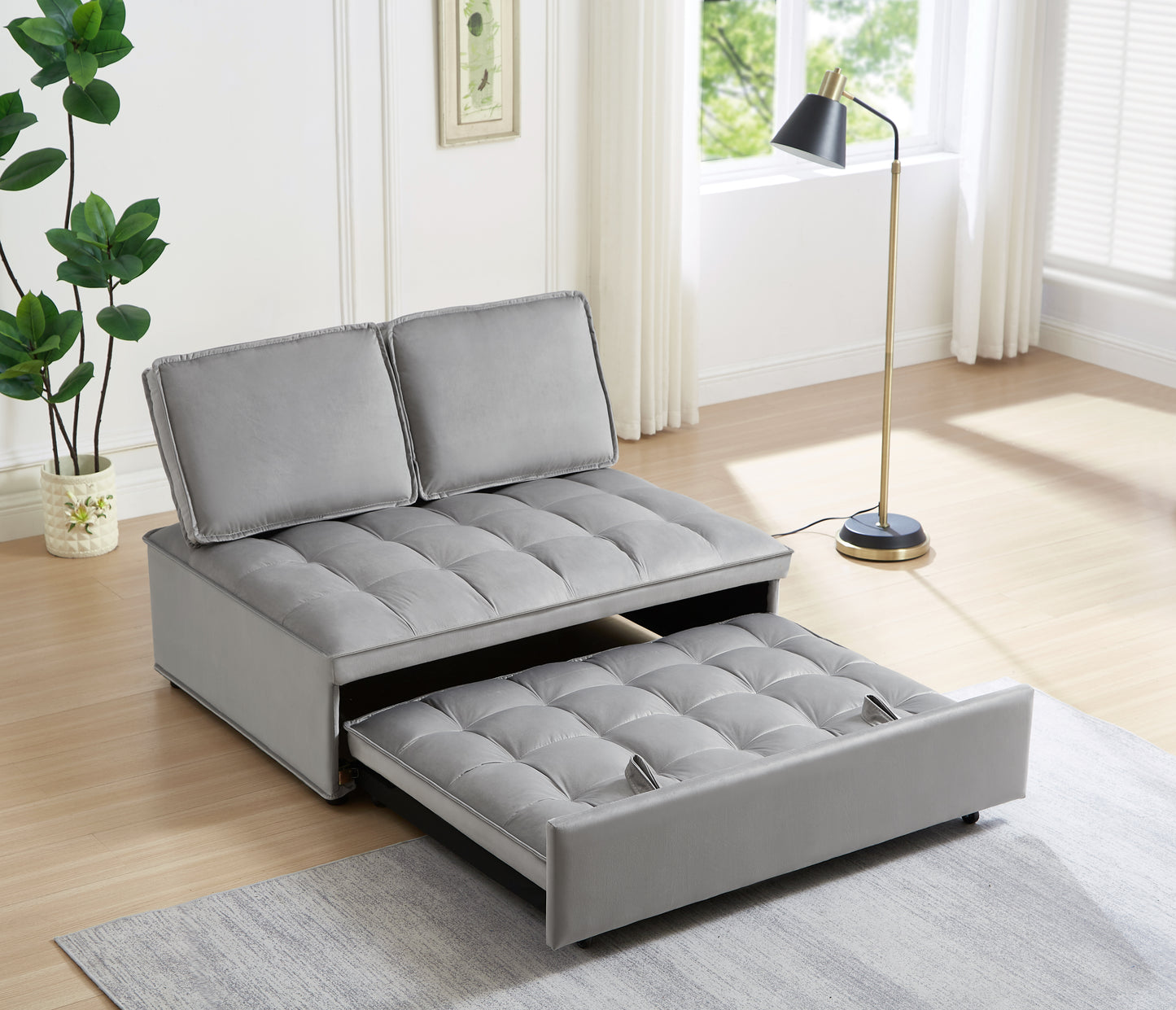 Gray velvet futon sofa with pullout bed