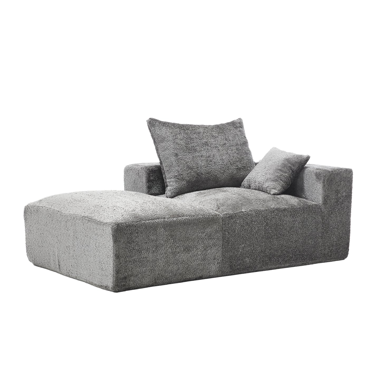 Plush grey chaise lounge with lumbar pillow