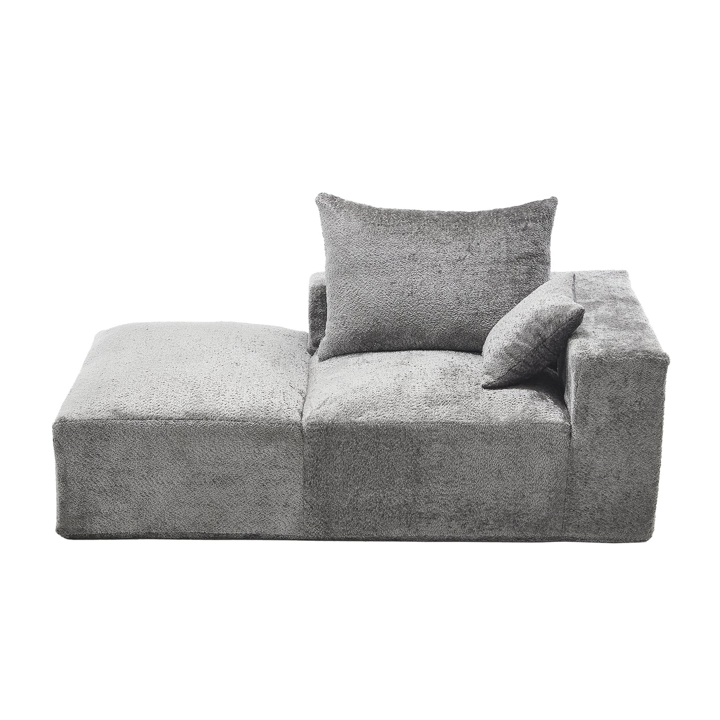 Grey sectional sofa with textured upholstery and lumbar pillow
