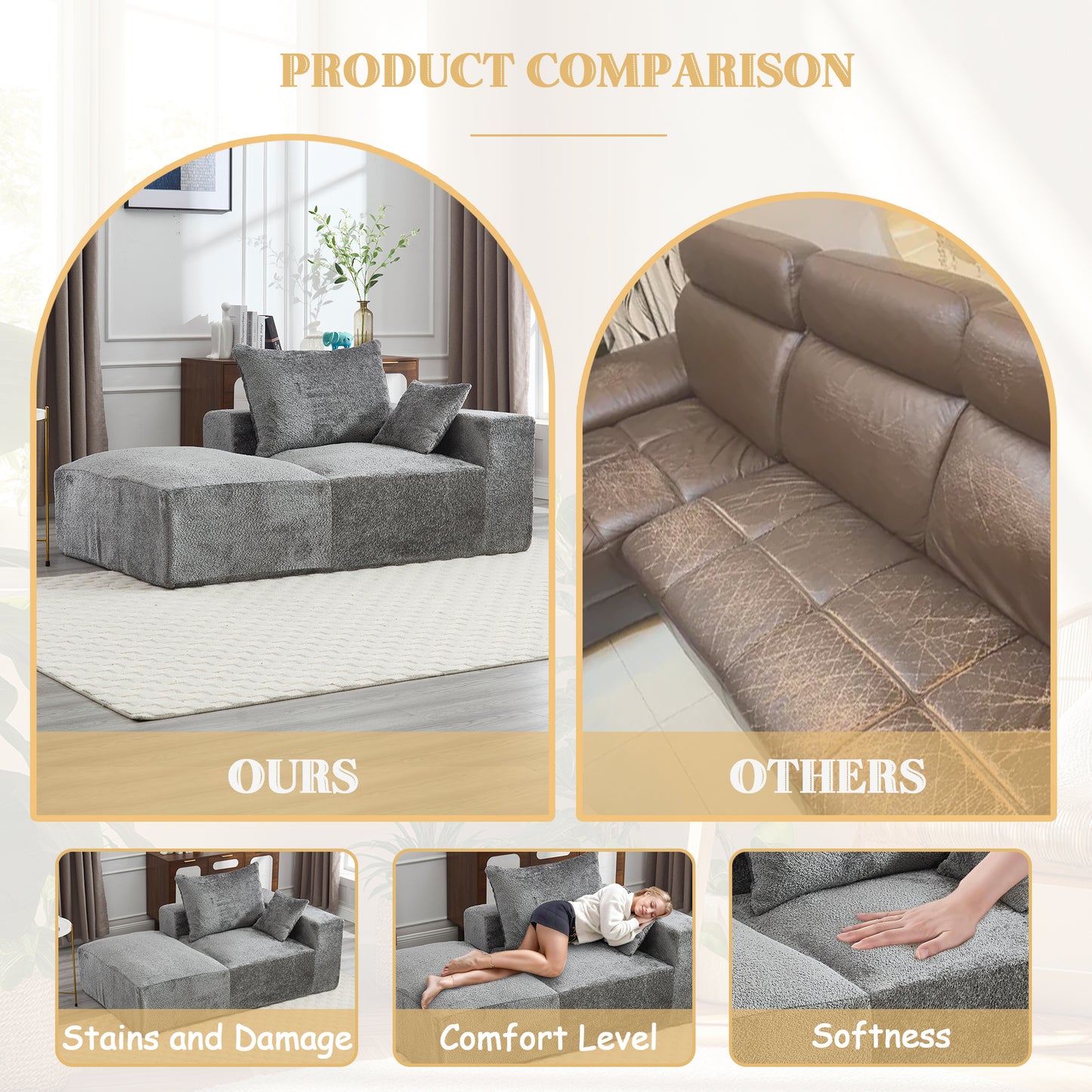 Plush gray sectional sofa with ottoman and accent pillows