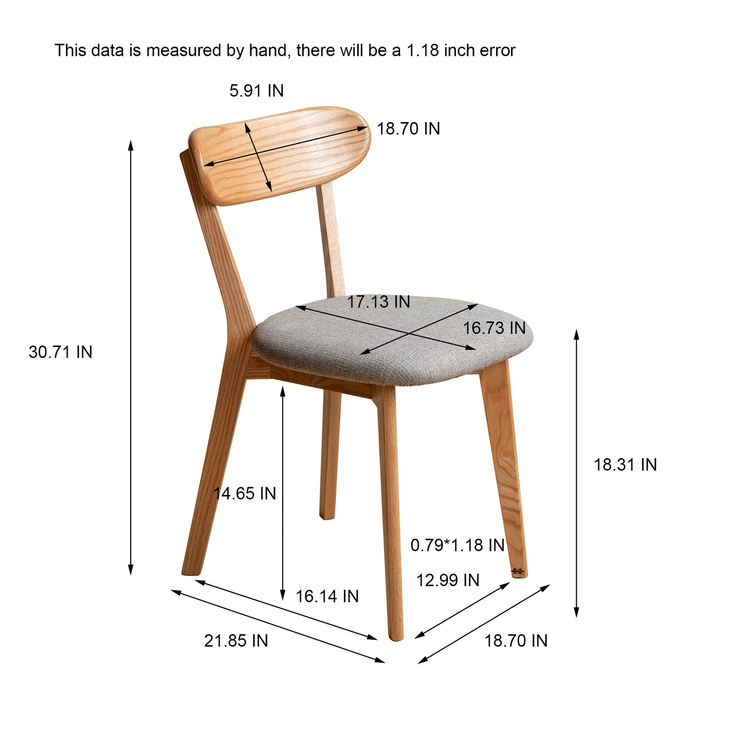 Minimalist oak dining chair with grey upholstered seat