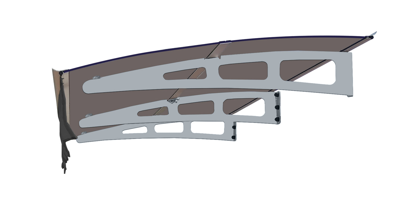 Modern door canopy with dark tinted polycarbonate and silver metal brackets