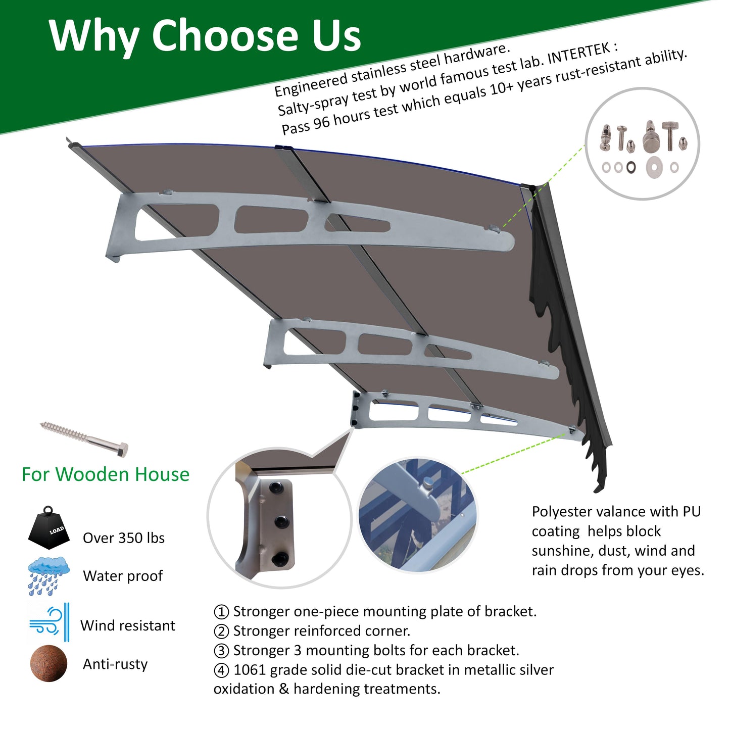 Door canopy with dark grey polyester valance and aluminum frame