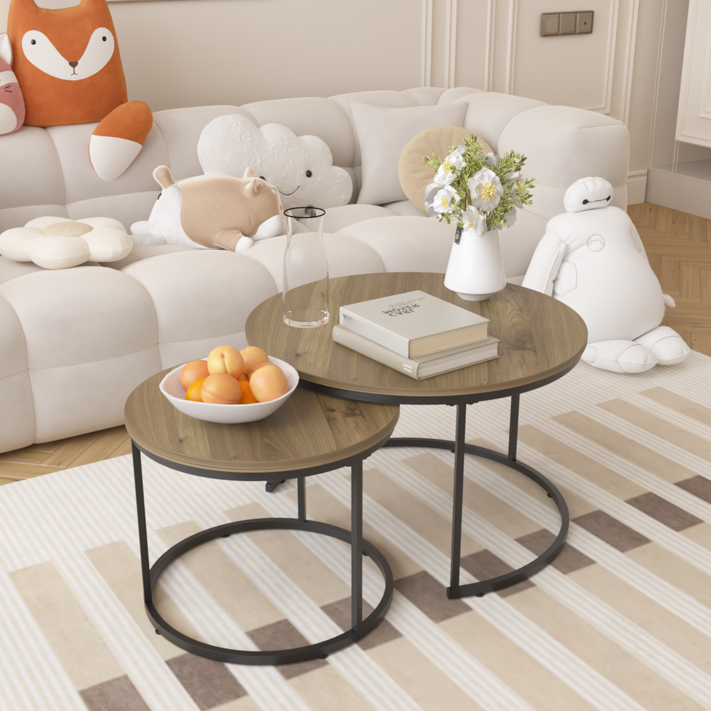 Round wooden coffee table set with nesting design