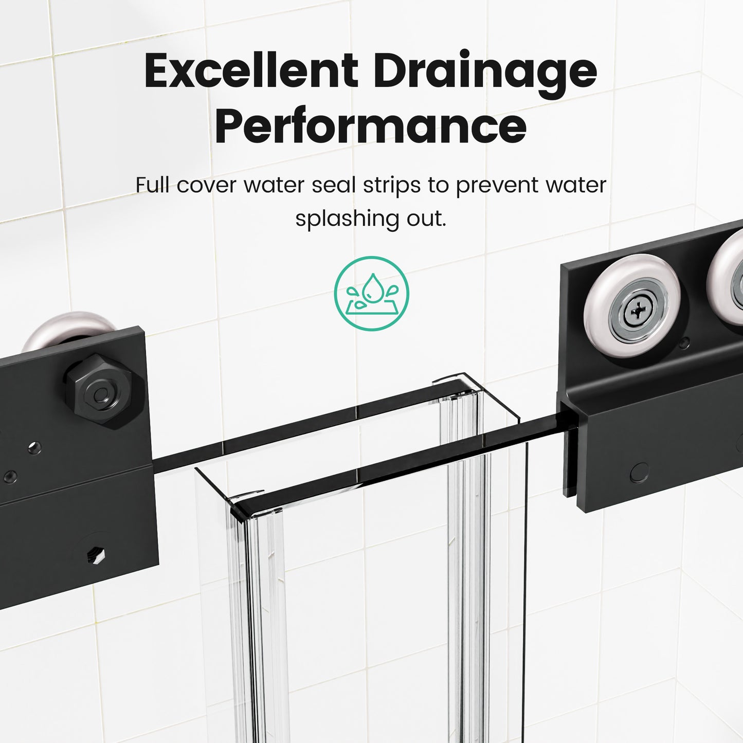 Black sliding shower door hardware with rollers and water seal strip