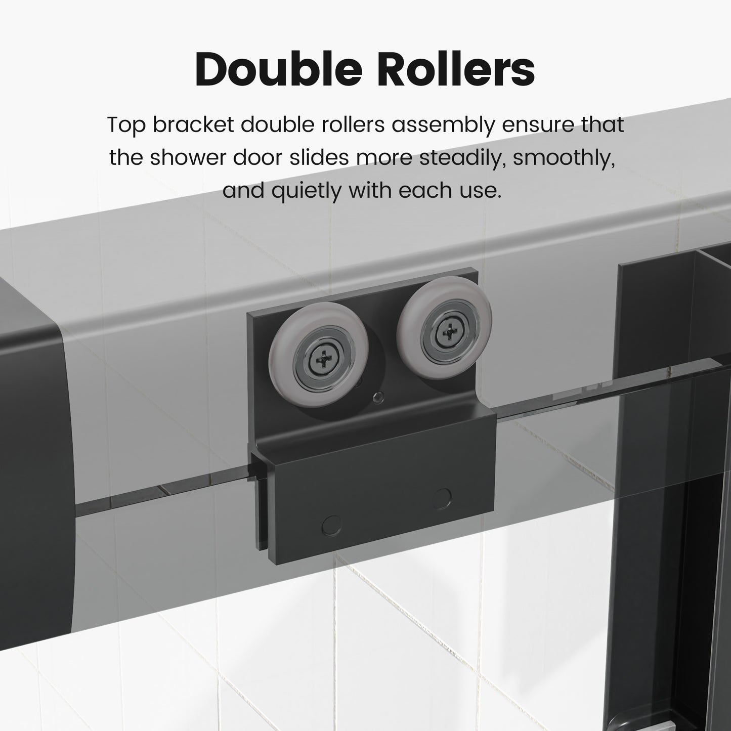 Black metal bracket with two white shower door rollers