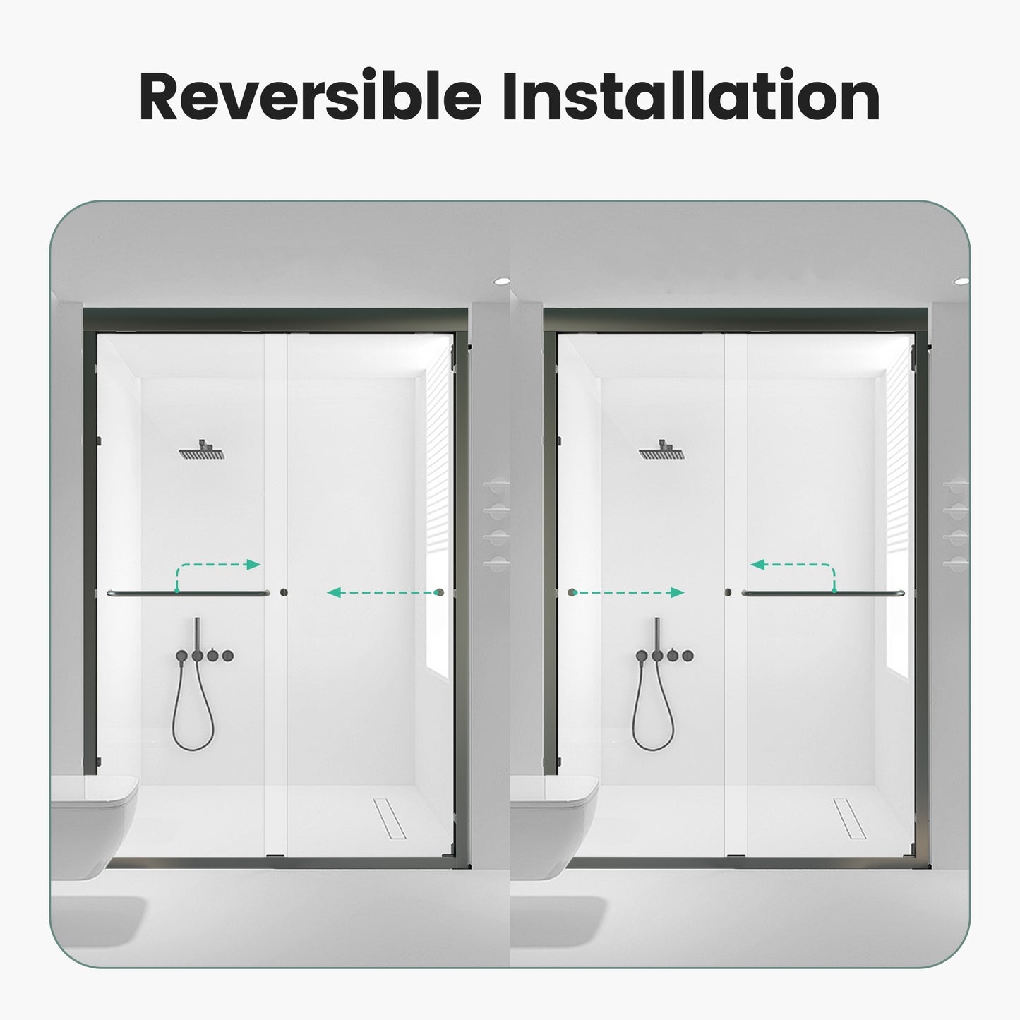 Modern frameless glass shower enclosure with reversible installation