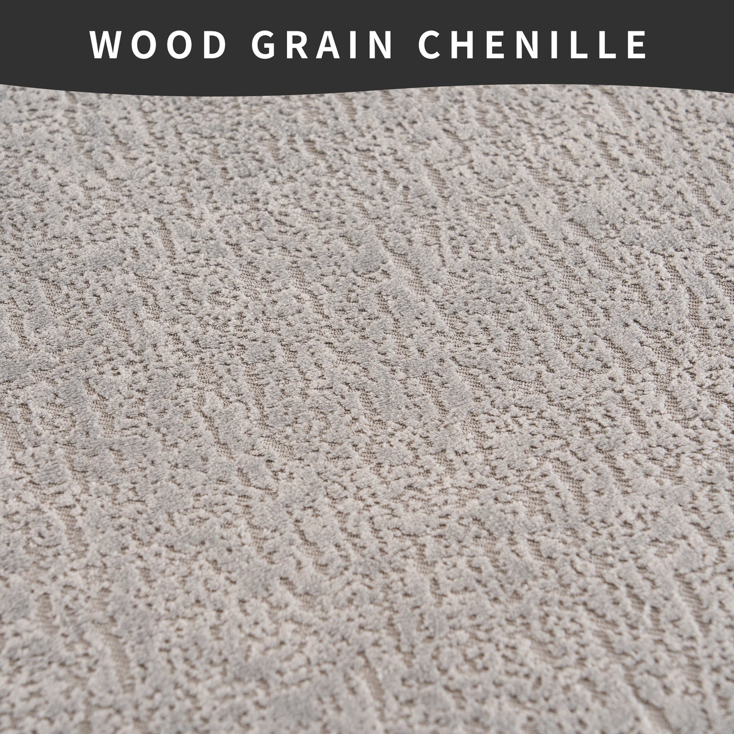 Closeup of light grey wood grain chenille fabric texture