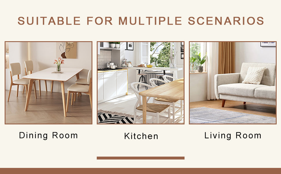 White dining table with four beige chairs in a modern dining room