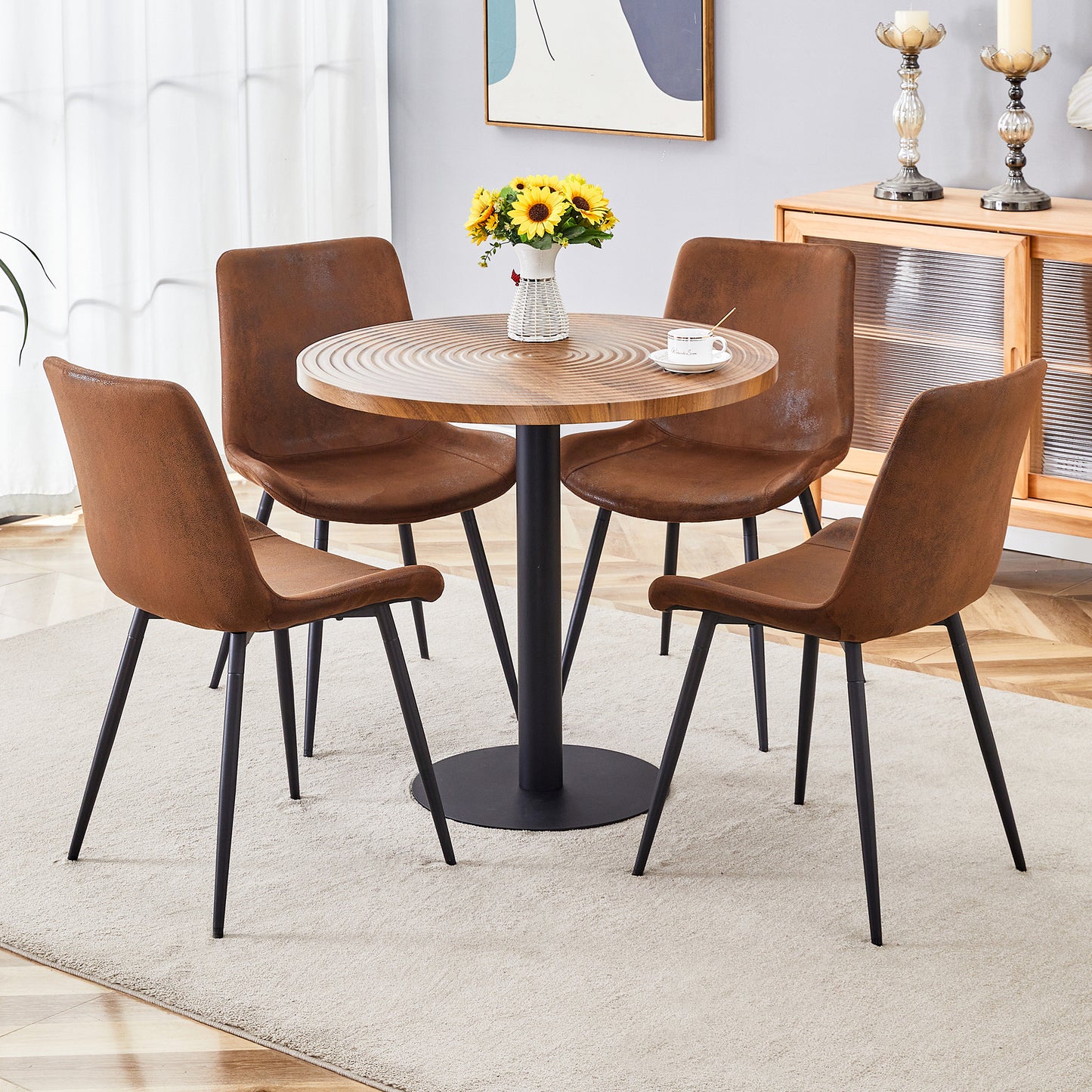 Brown faux leather dining chairs with black legs