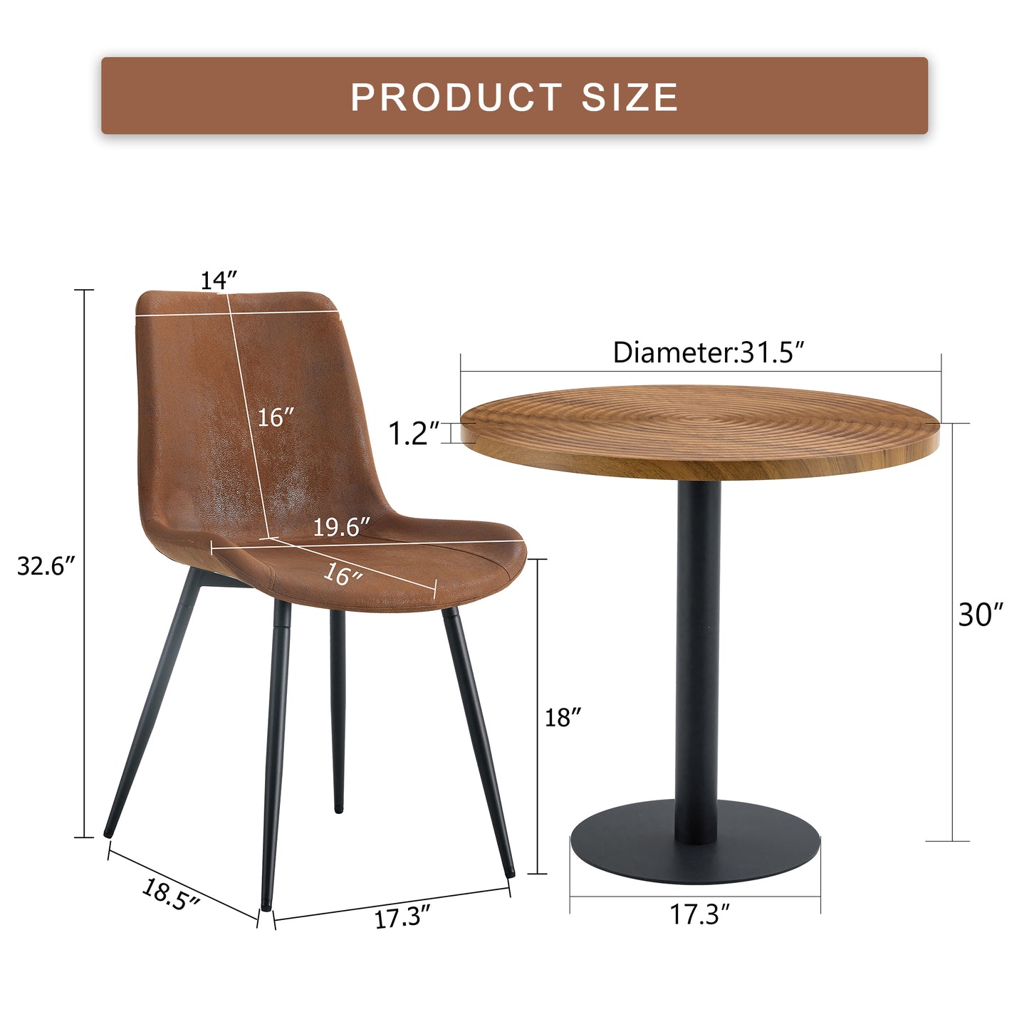 Brown faux leather dining chair with black metal legs and product dimensions