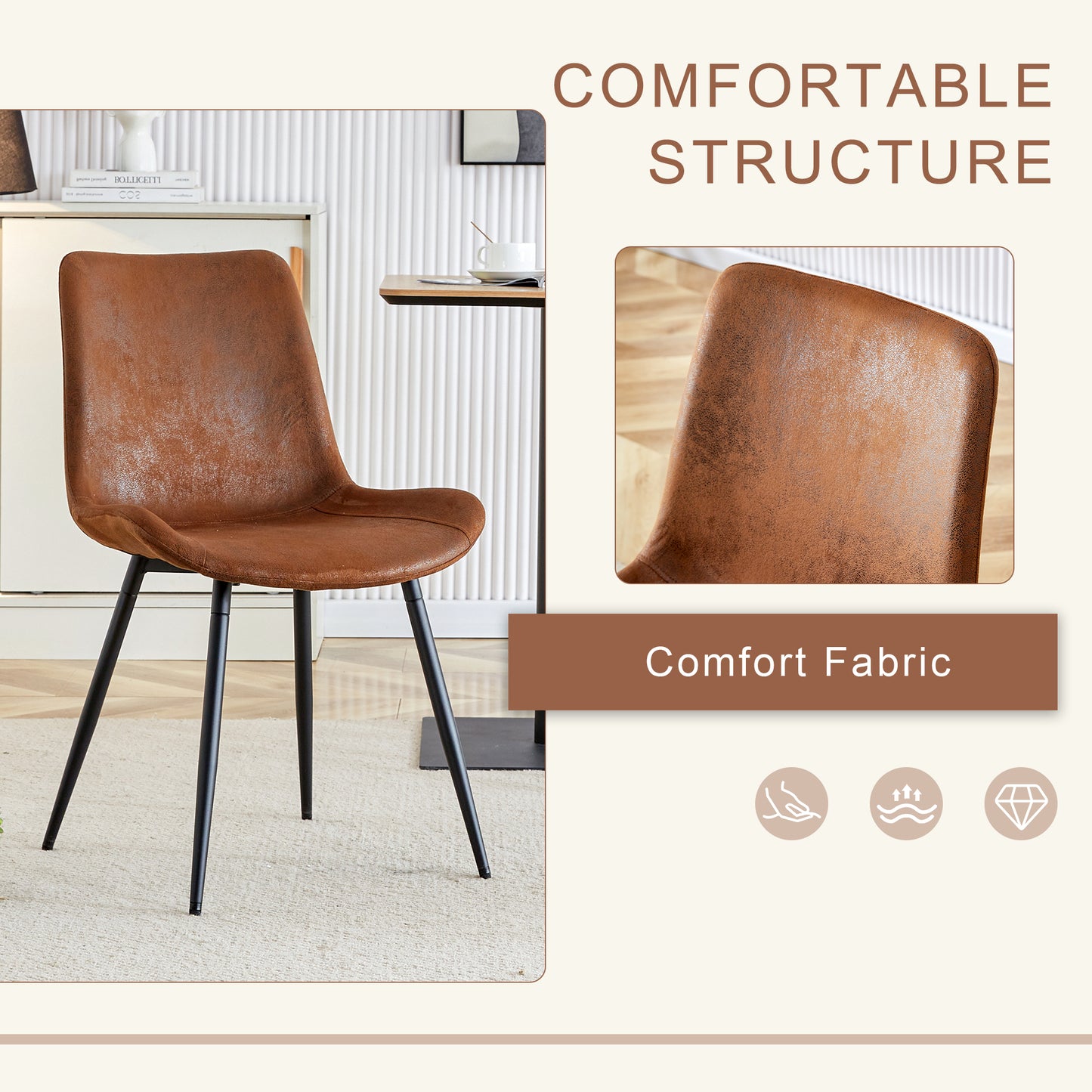 Brown faux leather dining chair with black metal legs