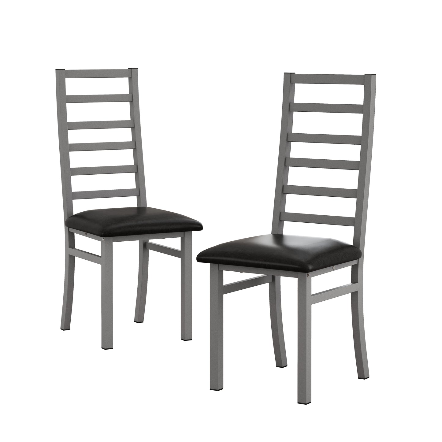 Two modern grey metal dining chairs with black faux leather seats