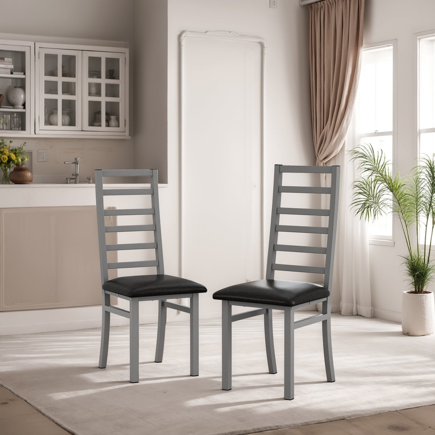 Modern grey metal dining chairs with black upholstered seats set of