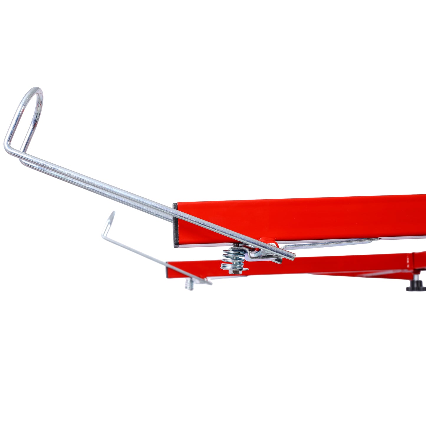 Red metal jack stand with chrome support arm and spring mechanism