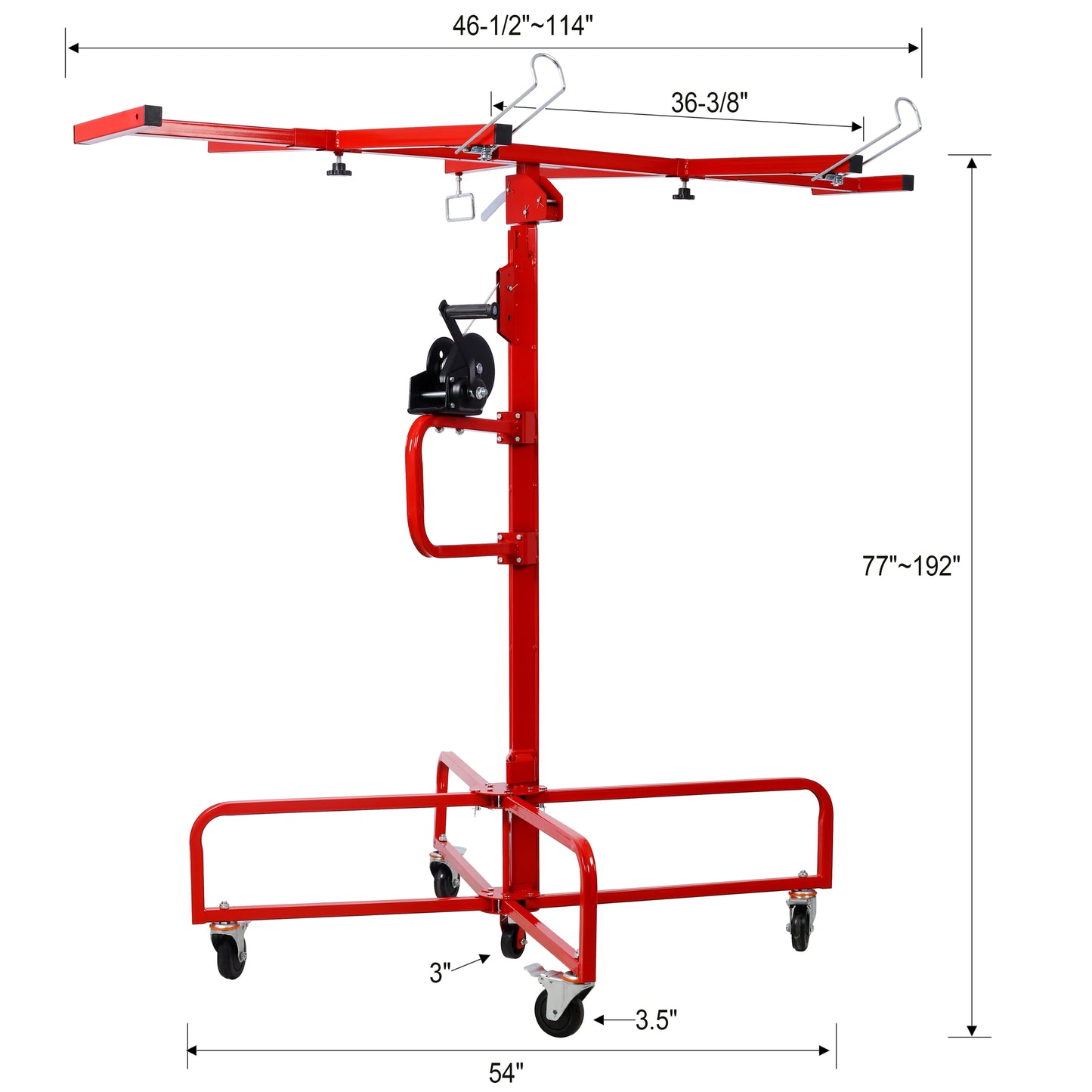 Red drywall lift with adjustable arm and rolling base