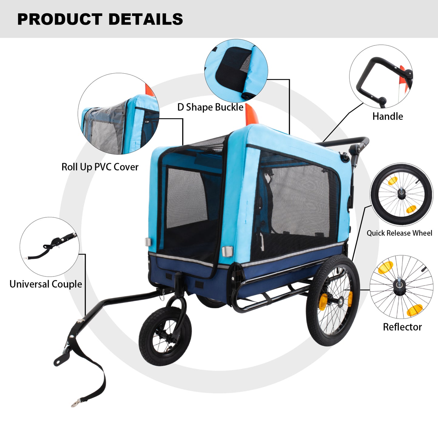 Blue fabric pet trailer with mesh windows and quickrelease wheels for cycling