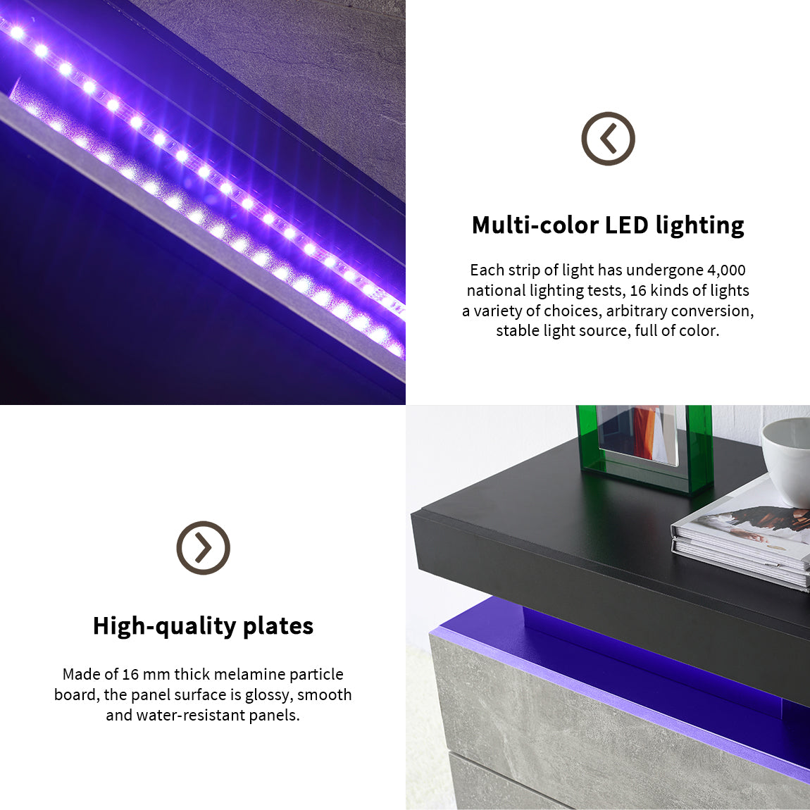 Purple LED strip lights illuminate a modern shelf
