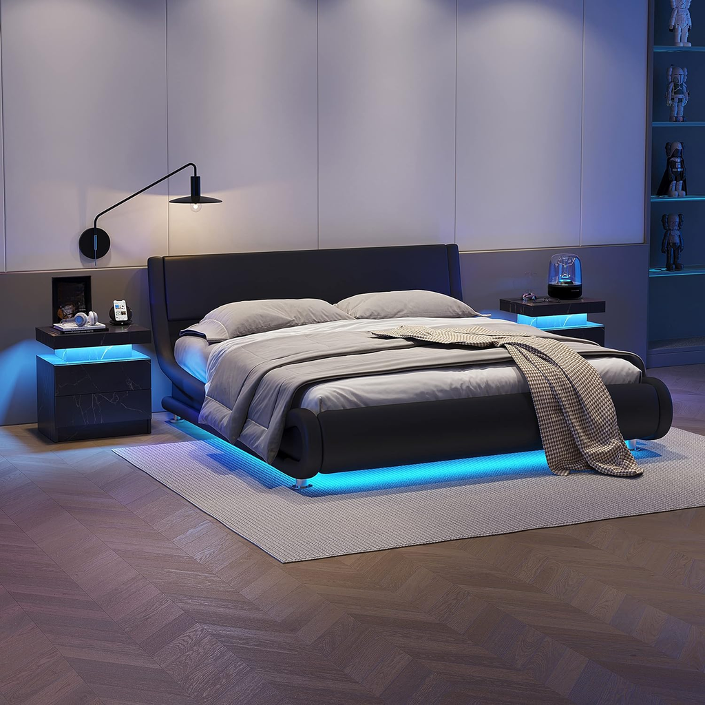 Modern black platform bed with builtin LED lighting and upholstered headboard